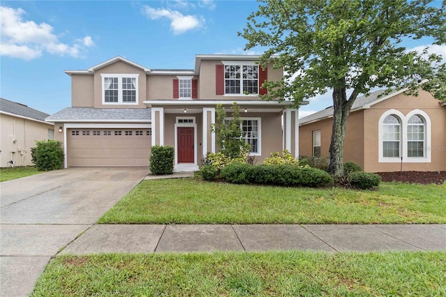 7551 Bear Claw Run, Orlando, FL 32825 - traditional-style house with stucco siding, a garage, concrete driveway, and a front lawn
