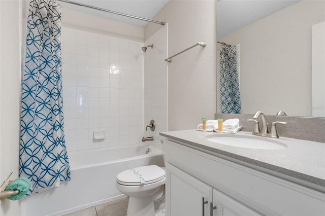 full bath with toilet, shower / tub combo with curtain, vanity, and tile patterned flooring