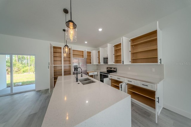 kitchen featuring open shelves, stainless steel appliances, a sink, light wood-style flooring, and white cabinets