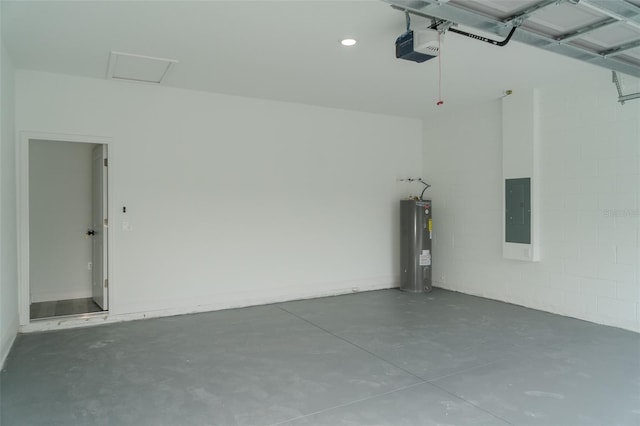 garage with water heater, electric panel, and a garage door opener