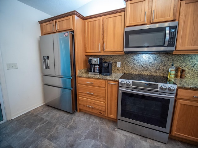 2167 Kerwood Loop, The Villages, FL 32162 - kitchen featuring appliances with stainless steel finishes, decorative backsplash, stone counters, baseboards, and brown cabinetry