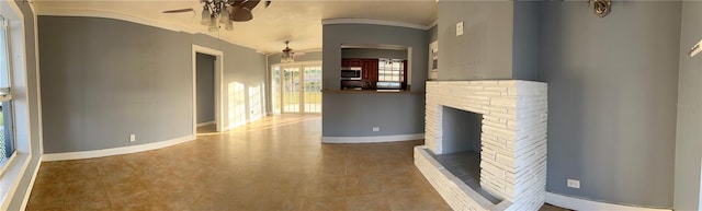 2411 SW 50th Ter, Plantation, FL 33317 - unfurnished living room with ceiling fan, baseboards, crown molding, a fireplace, and lofted ceiling