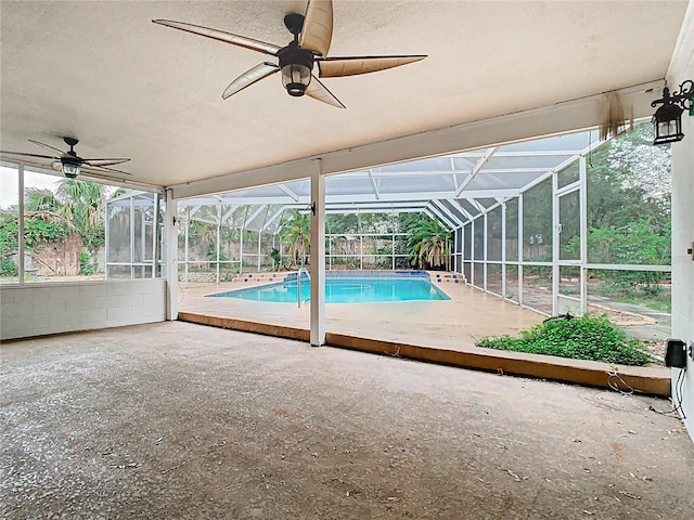 148 Tarrytown Trl, Longwood, FL 32750 - outdoor pool featuring a patio area, ceiling fan, and glass enclosure