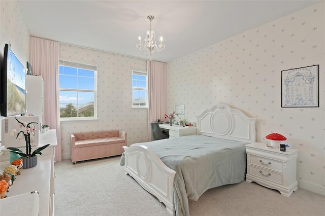 9845 Emerald Berry Dr, Winter Garden, FL 34787 - bedroom featuring wallpapered walls, a chandelier, carpet flooring, and baseboards