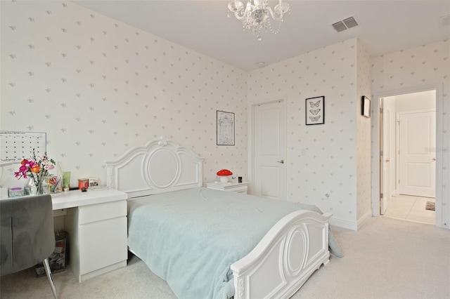 9845 Emerald Berry Dr, Winter Garden, FL 34787 - bedroom featuring wallpapered walls, light colored carpet, a chandelier, and baseboards
