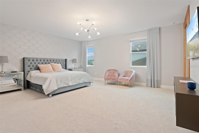 9845 Emerald Berry Dr, Winter Garden, FL 34787 - bedroom with a chandelier, multiple windows, light carpet, and an accent wall
