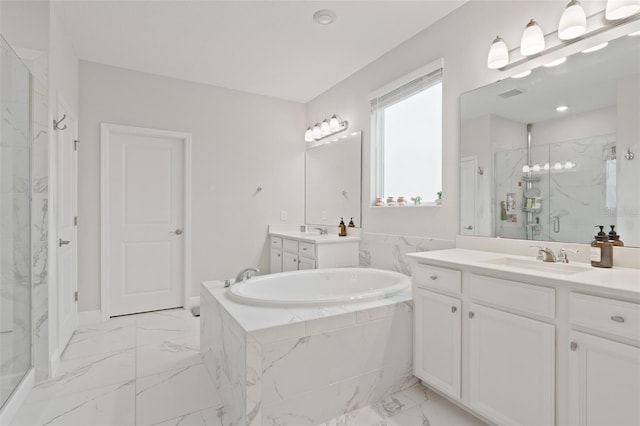 9845 Emerald Berry Dr, Winter Garden, FL 34787 - bathroom featuring a marble finish shower, marble finish floors, a garden tub, and two vanities