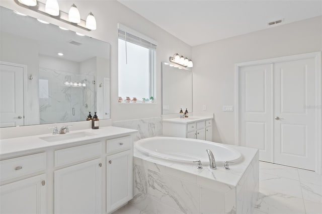 9845 Emerald Berry Dr, Winter Garden, FL 34787 - bathroom featuring marble finish floors, a marble finish shower, a bath, and two vanities