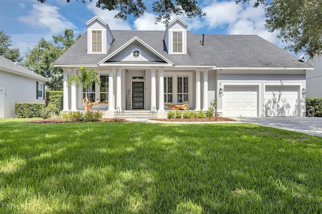 8430 Woburn Ct, Windermere, FL 34786 - cape cod house featuring a garage, a front lawn, roof with shingles, driveway, and a porch