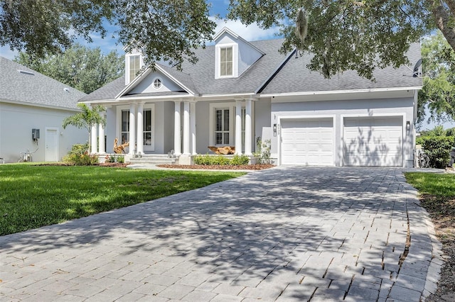 8430 Woburn Ct, Windermere, FL 34786 - view of front of home featuring decorative driveway, a porch, a front lawn, stucco siding, and roof with shingles