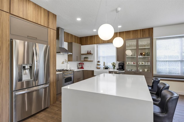 8430 Woburn Ct, Windermere, FL 34786 - kitchen featuring appliances with stainless steel finishes, wall chimney exhaust hood, open shelves, a sink, and dark wood finished floors