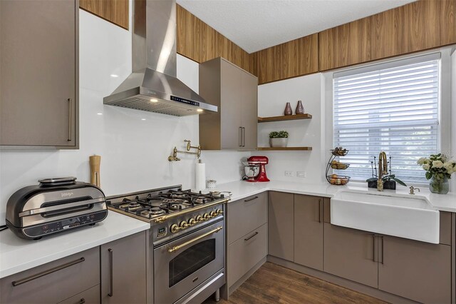 8430 Woburn Ct, Windermere, FL 34786 - kitchen featuring wall chimney range hood, high end range, gray cabinets, a sink, and light countertops