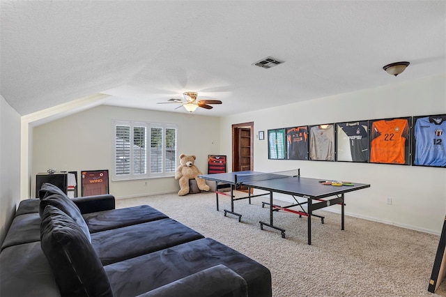 8430 Woburn Ct, Windermere, FL 34786 - rec room with carpet floors, a ceiling fan, a textured ceiling, and baseboards