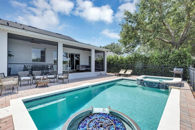 8430 Woburn Ct, Windermere, FL 34786 - view of pool featuring a pool with connected hot tub, ceiling fan, an outdoor living space with a fire pit, and a patio