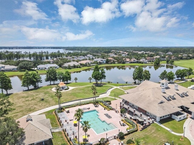 8430 Woburn Ct, Windermere, FL 34786 - aerial perspective of suburban area featuring a nearby body of water and a pool area