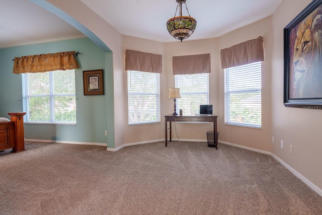 office space with carpet, healthy amount of natural light, and arched walkways