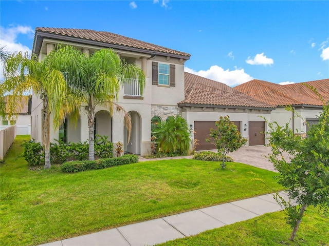 8491 Pippen Dr, Orlando, FL 32836 - mediterranean / spanish house with stucco siding, a tiled roof, an attached garage, and a front lawn
