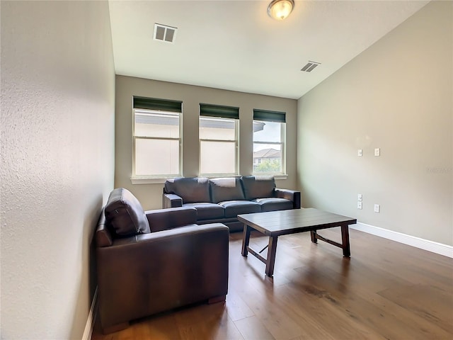 8491 Pippen Dr, Orlando, FL 32836 - living area with wood finished floors, baseboards, a textured wall, and vaulted ceiling
