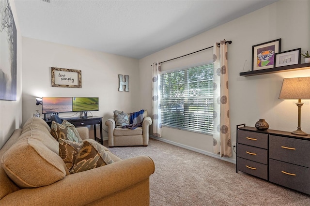 carpeted living area featuring baseboards