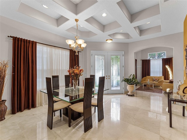 8333 Via Verona, Orlando, FL 32836 - dining room with a chandelier, coffered ceiling, french doors, beam ceiling, and light marble finish flooring