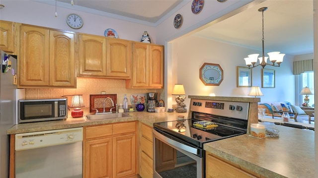 717 S Beach St Unit 205C, Daytona Beach, FL 32114 - kitchen featuring appliances with stainless steel finishes, a sink, decorative backsplash, light countertops, and a chandelier