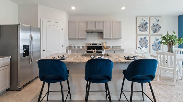 951 Princess Sabal Pt, Haines City, FL 33844 - kitchen with stainless steel appliances, under cabinet range hood, gray cabinetry, a sink, and recessed lighting