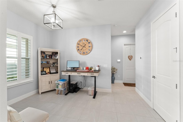 home office with plenty of natural light, recessed lighting, baseboards, and light tile patterned floors