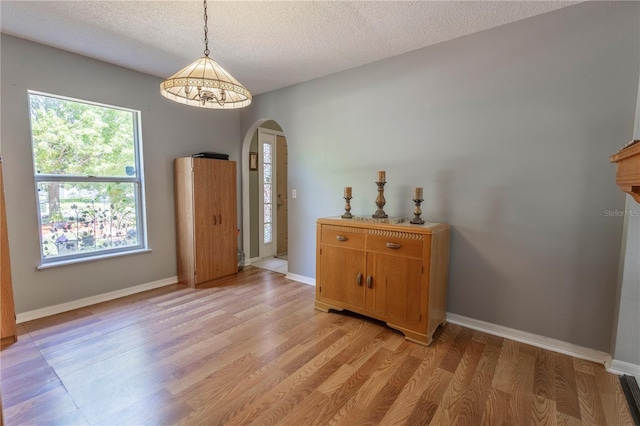 3216 White Blossom Ln, Clermont, FL 34711 - dining space featuring arched walkways, light wood-style flooring, and a textured ceiling