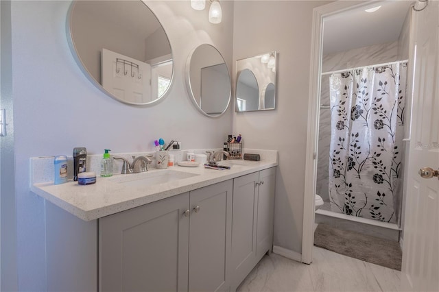 3216 White Blossom Ln, Clermont, FL 34711 - bathroom featuring marble look tile flooring, double vanity, and curtained shower