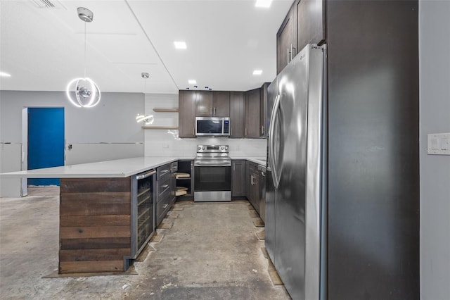 2302 16th St W, Palmetto, FL 34221 - kitchen with stainless steel appliances, unfinished concrete floors, open shelves, and dark brown cabinets