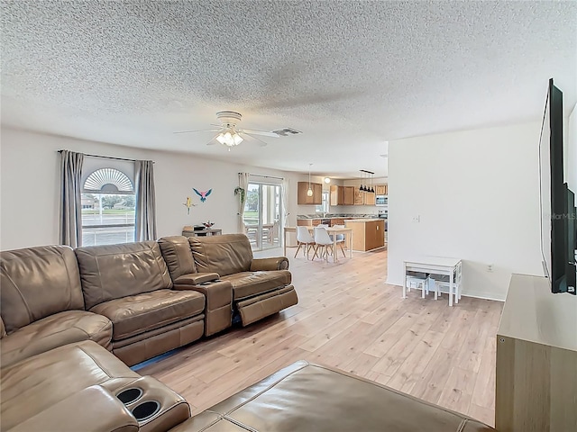 2384 Andrews Valley Dr, Kissimmee, FL 34758 - living room featuring a textured ceiling, light wood-style floors, and ceiling fan