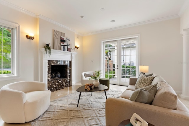 1010 Terrace Blvd, Orlando, FL 32803 - living area with healthy amount of natural light, a high end fireplace, crown molding, and french doors