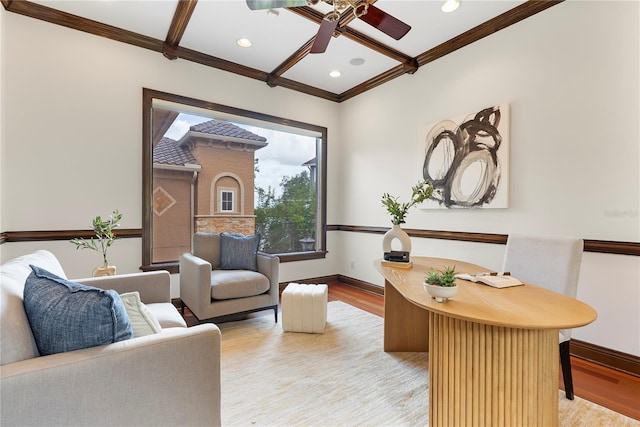 1010 Terrace Blvd, Orlando, FL 32803 - living area with light wood finished floors, ceiling fan, coffered ceiling, baseboards, and crown molding