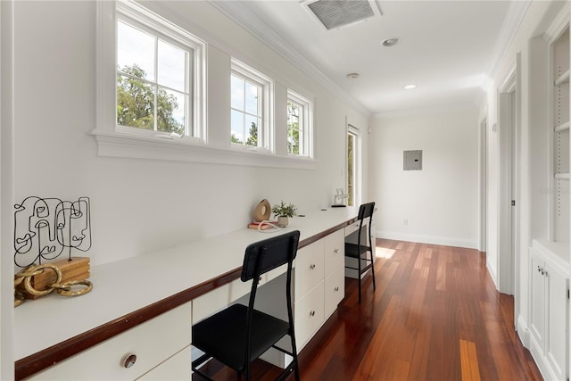 1010 Terrace Blvd, Orlando, FL 32803 - hallway with dark wood-style floors, recessed lighting, crown molding, a desk, and baseboards