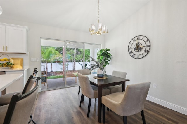 dining room featuring a chandelier, dark wood-style flooring, and baseboards