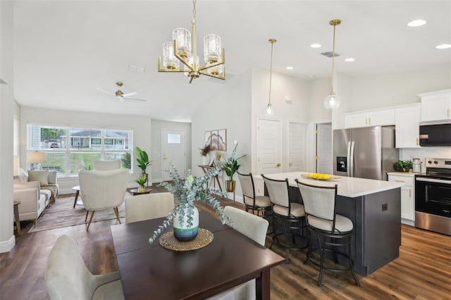 dining area featuring a ceiling fan, dark wood finished floors, high vaulted ceiling, baseboards, and recessed lighting