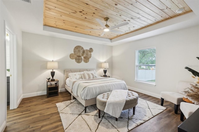 bedroom with a raised ceiling, wooden ceiling, baseboards, wood finished floors, and a ceiling fan