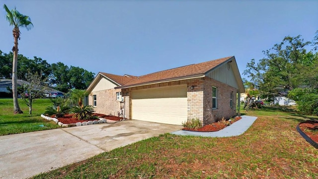 10545 Parkway Dr, Clermont, FL 34711 - view of side of property with brick siding, a lawn, a garage, and concrete driveway