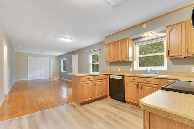 12046 SE 135th Ave, Ocklawaha, FL 32179 - kitchen featuring black dishwasher, a sink, a peninsula, light wood finished floors, and light countertops