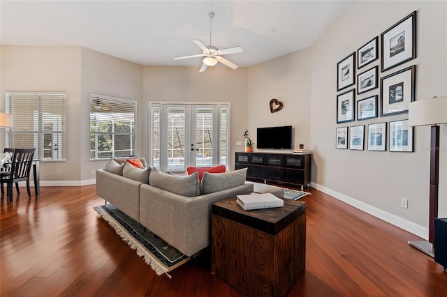 10030 Chatham Oaks Ct, Orlando, FL 32836 - living room featuring a ceiling fan, dark wood finished floors, and baseboards