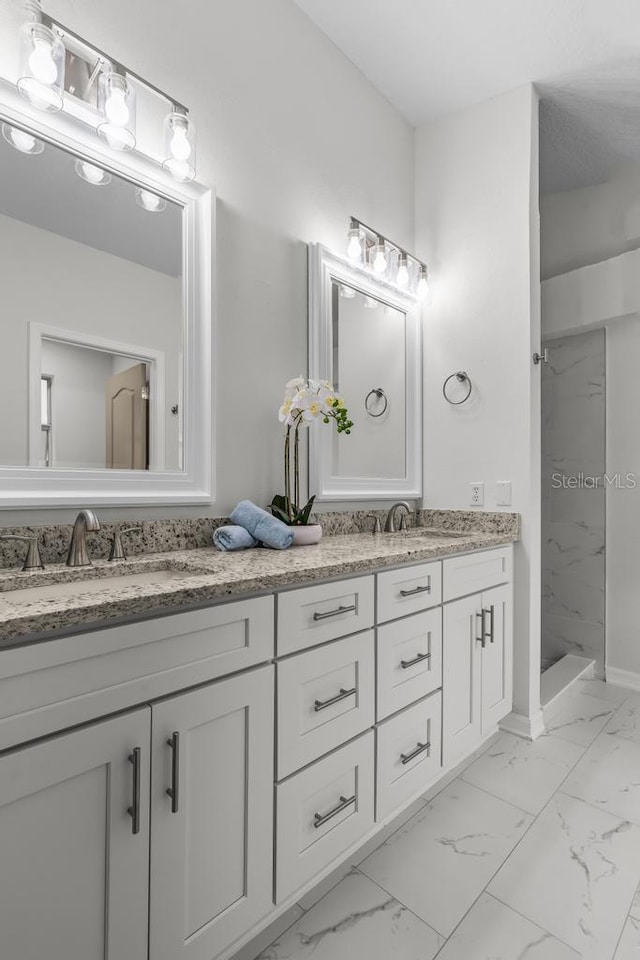 25 Reflections Village Dr, Ormond Beach, FL 32174 - full bath featuring marble finish flooring, double vanity, and a stall shower