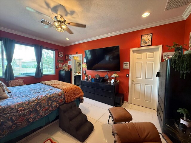 10075 SW 91st Pl, Ocala, FL 34481 - bedroom with light tile patterned floors, crown molding, recessed lighting, ceiling fan, and baseboards