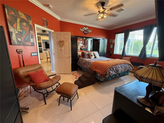 10075 SW 91st Pl, Ocala, FL 34481 - bedroom featuring light tile patterned floors, crown molding, and a ceiling fan