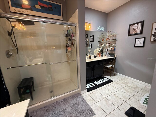10075 SW 91st Pl, Ocala, FL 34481 - full bath with a shower stall, tile patterned flooring, vanity, and baseboards