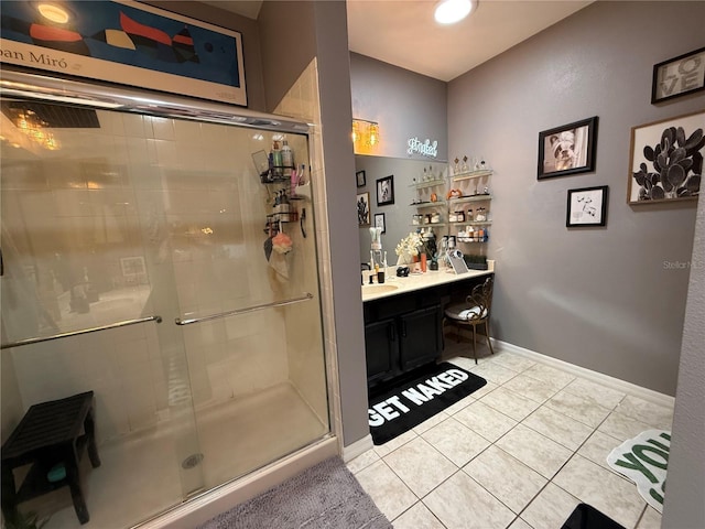 10075 SW 91st Pl, Ocala, FL 34481 - bathroom featuring tile patterned floors, a shower stall, vanity, and baseboards