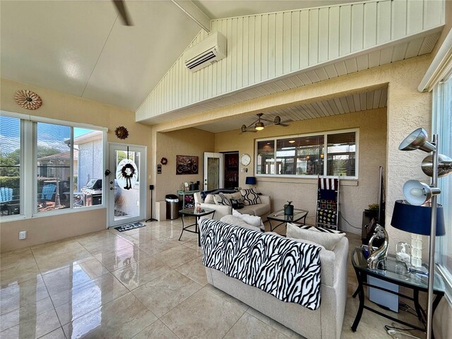 10075 SW 91st Pl, Ocala, FL 34481 - living area with an AC wall unit, beamed ceiling, a ceiling fan, and high vaulted ceiling