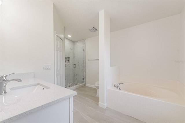 full bath with a stall shower, toilet, a bath, and vanity
