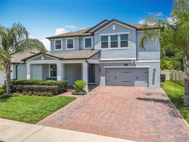 view of front of home with stucco siding, decorative driveway, a garage, and a shingled roof