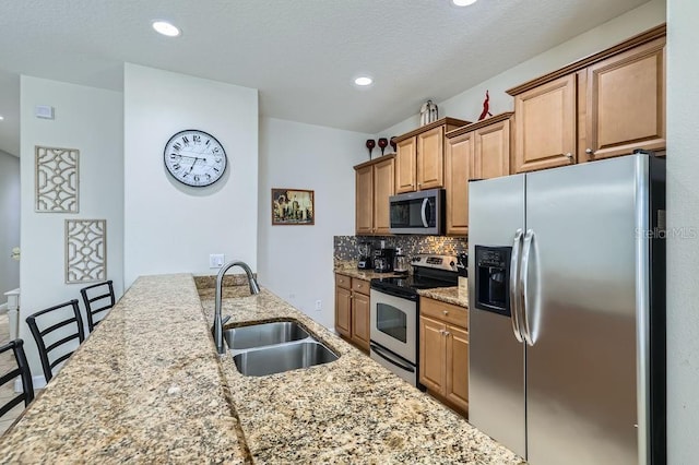 3055 Beach Palm Ave, Kissimmee, FL 34747 - kitchen featuring stainless steel appliances, a sink, light stone counters, tasteful backsplash, and recessed lighting