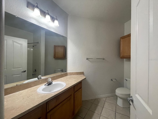 full bath featuring toilet, a shower, tile patterned flooring, and vanity